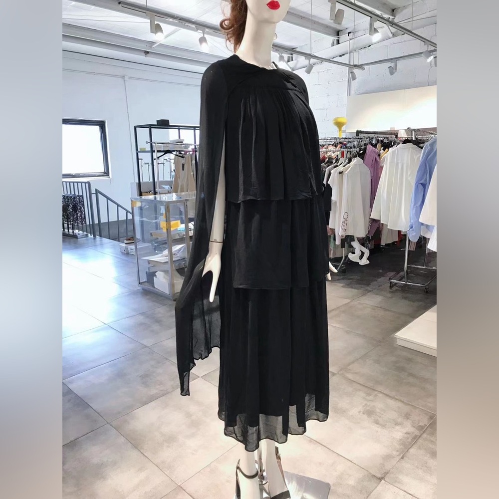 US 4 PRADA Cape Sleeve Silk Maxi Dress NWT